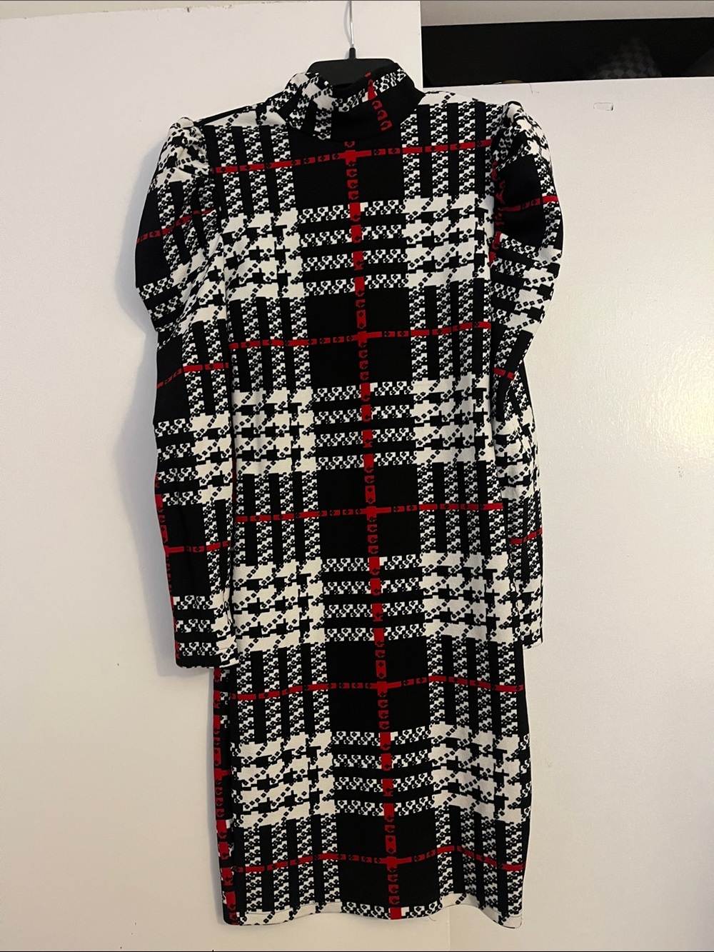 Plaid Turtleneck Long Sleeve Dress in Black, White & Red